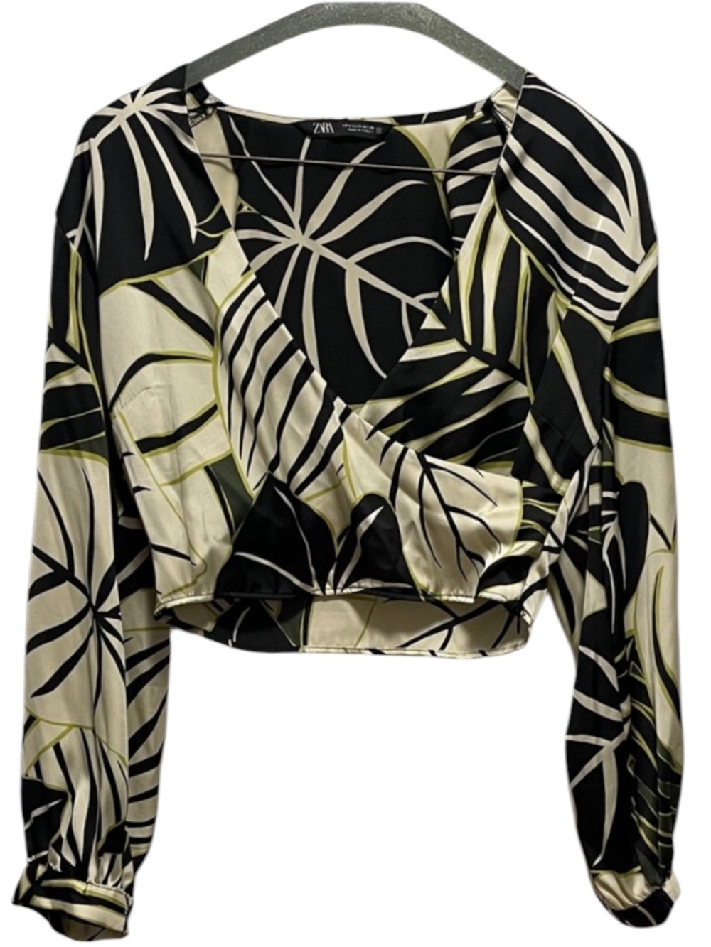 Zara Crop Black and Cream Leaf Print Blouse